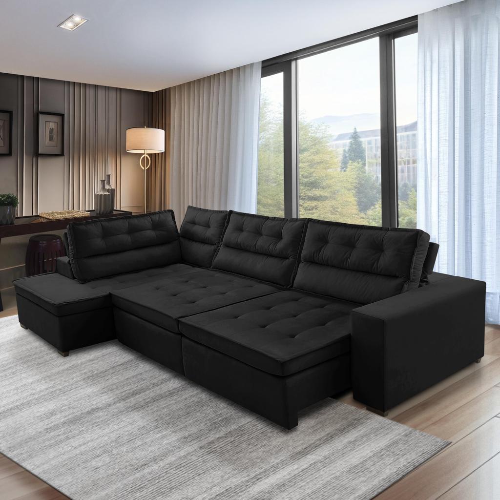 Sofá de Canto Retrátil e Reclinável com Molas 3,00x2,00 Esq Virginia Suede Preto Adonai Estofados em Oferta na Shopee