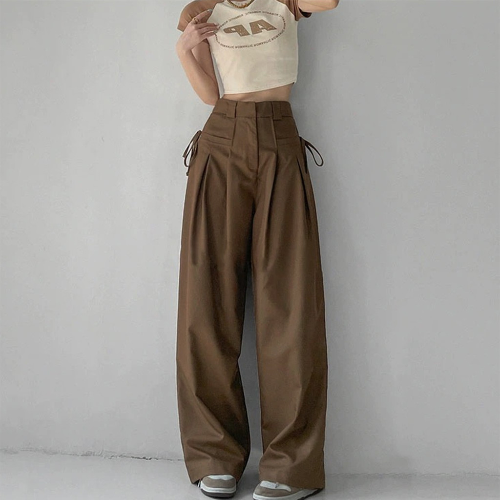 Detalhes do Lovito Calça Casual Com Gravata Lisa E Cordão Frontal Drapeada Para Mulheres L102AD026