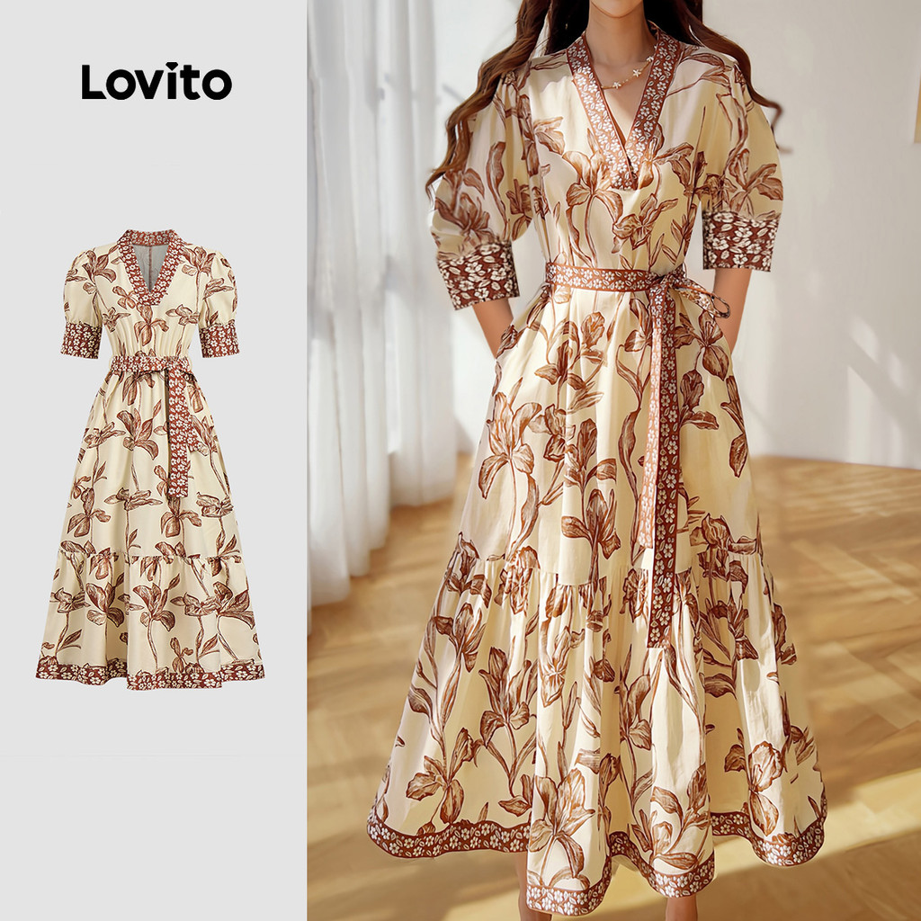 Lovito Elegante Vestido Floral Com Cinto Costura Verão Primavera Marrom Para Mulheres LBL25104 em Oferta na Shopee