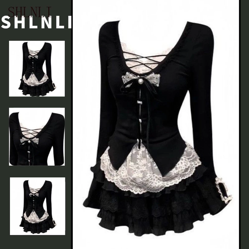 2 Peças/Conjunto Primavera Outono Feminino Doce Renda Emenda Tiras Top + Cintura Alta Jk Saia Plissada — imagem 1