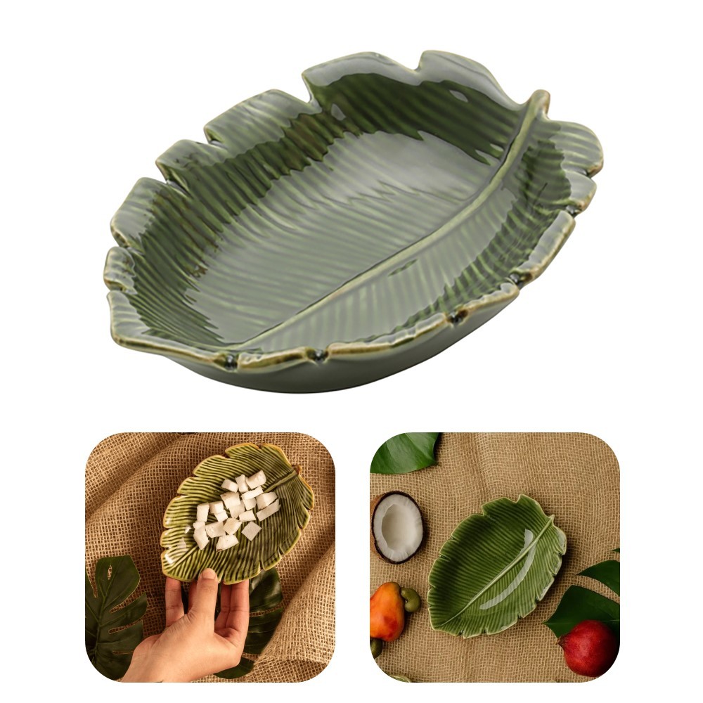Mini Petisqueira Travessa Folha Decorativa de Cerâmica Banana Leaf Verde Lyor 16x12x4cm