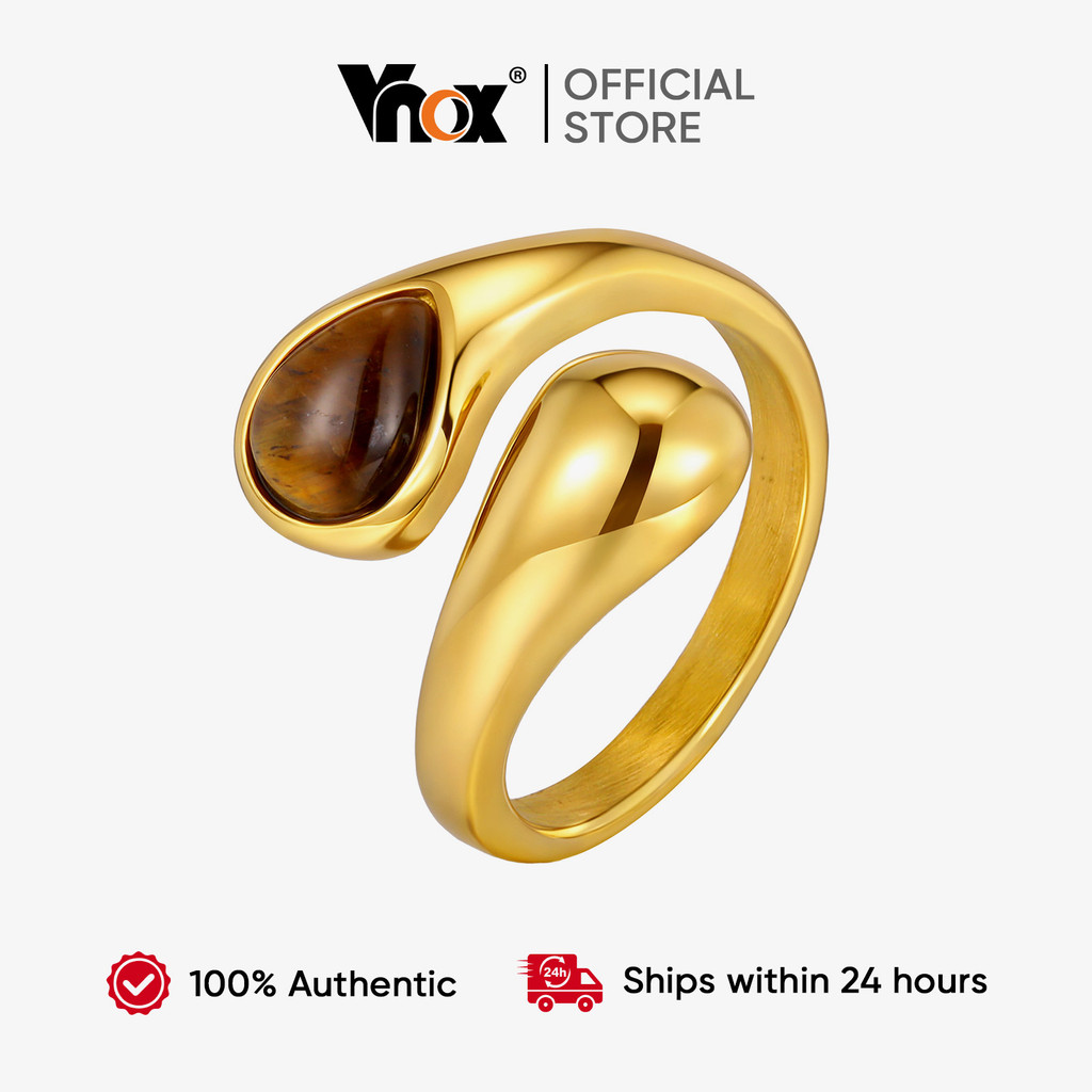 Vnox Ouro Gota De Água Anel De Pedra Natural Aço Inoxidável Não Desbotamento & À Prova Dwaterproof Feminino Meninas Chun