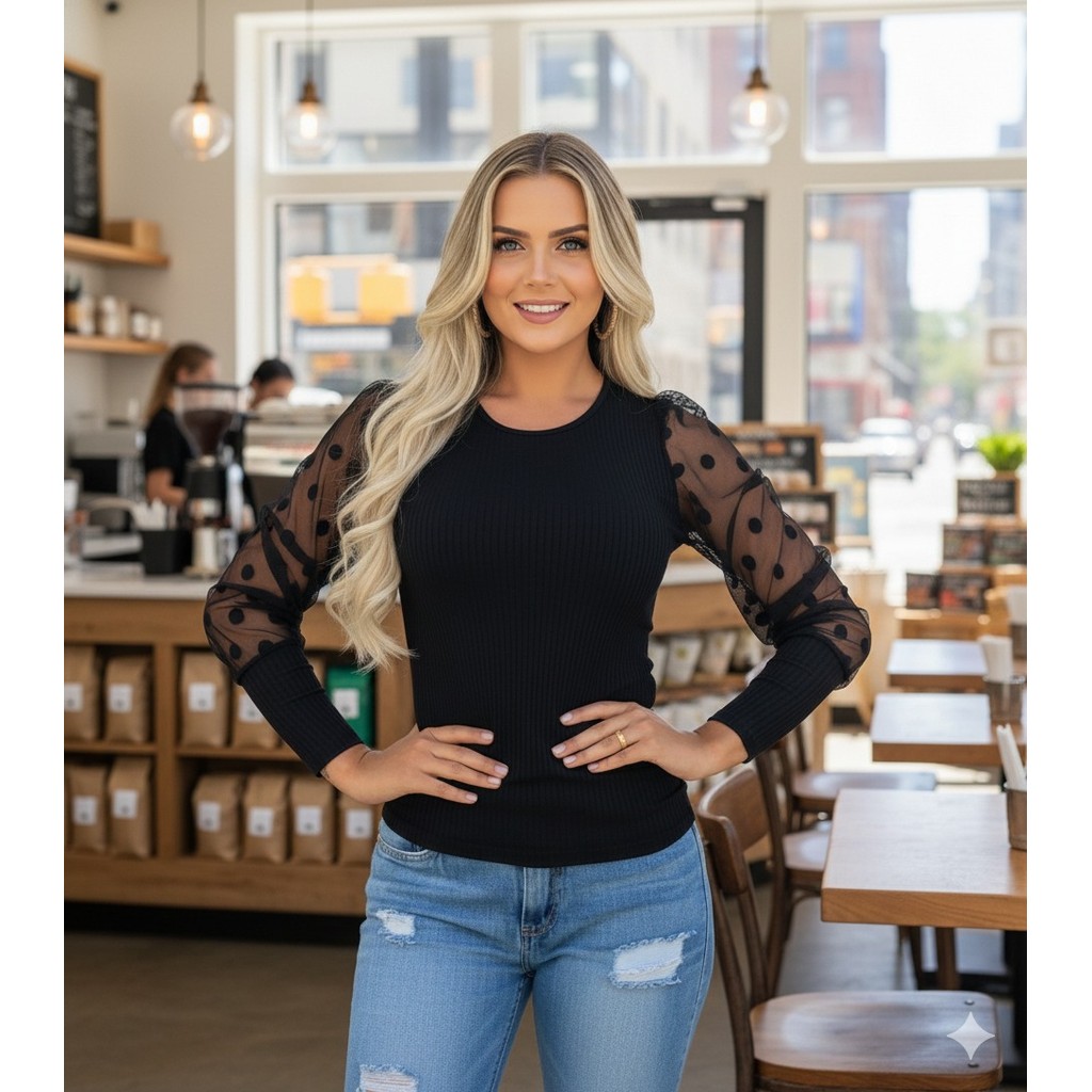 blusa feminina canelada elastano manga longa tule poá top moderna