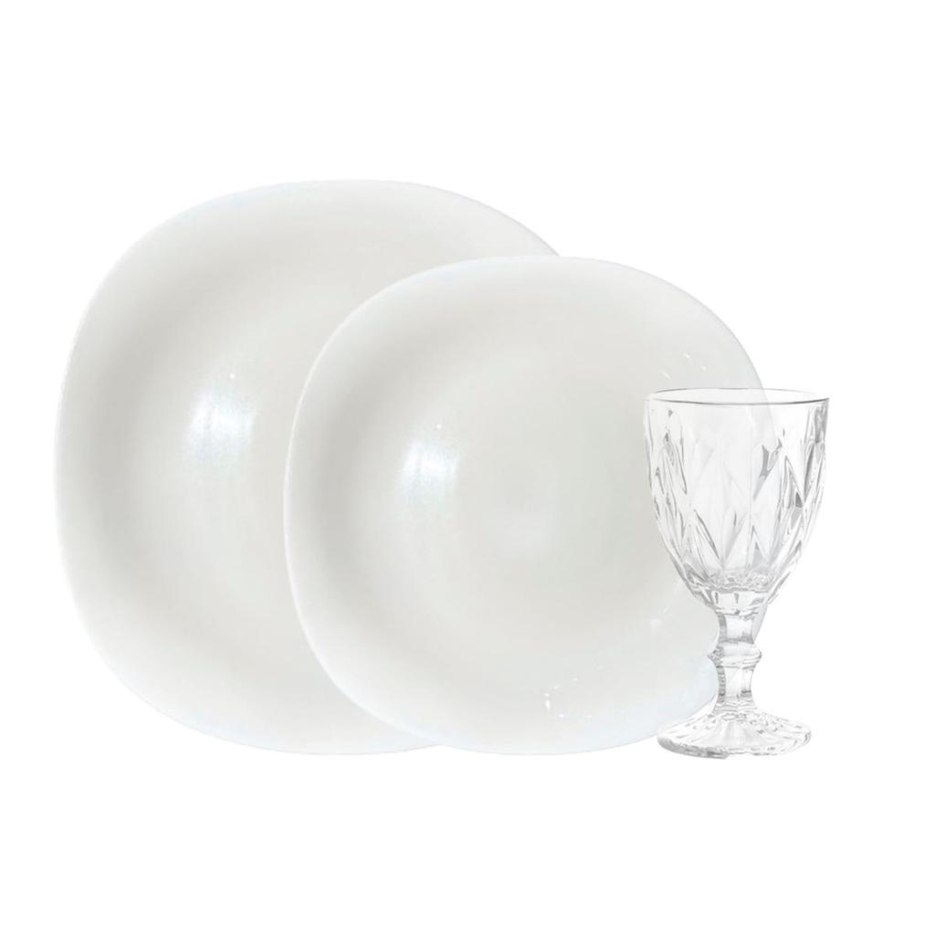 Aparelho de Jantar 18 Peças Opaline Quadrado com Taças - Bela Flor em Oferta na Shopee