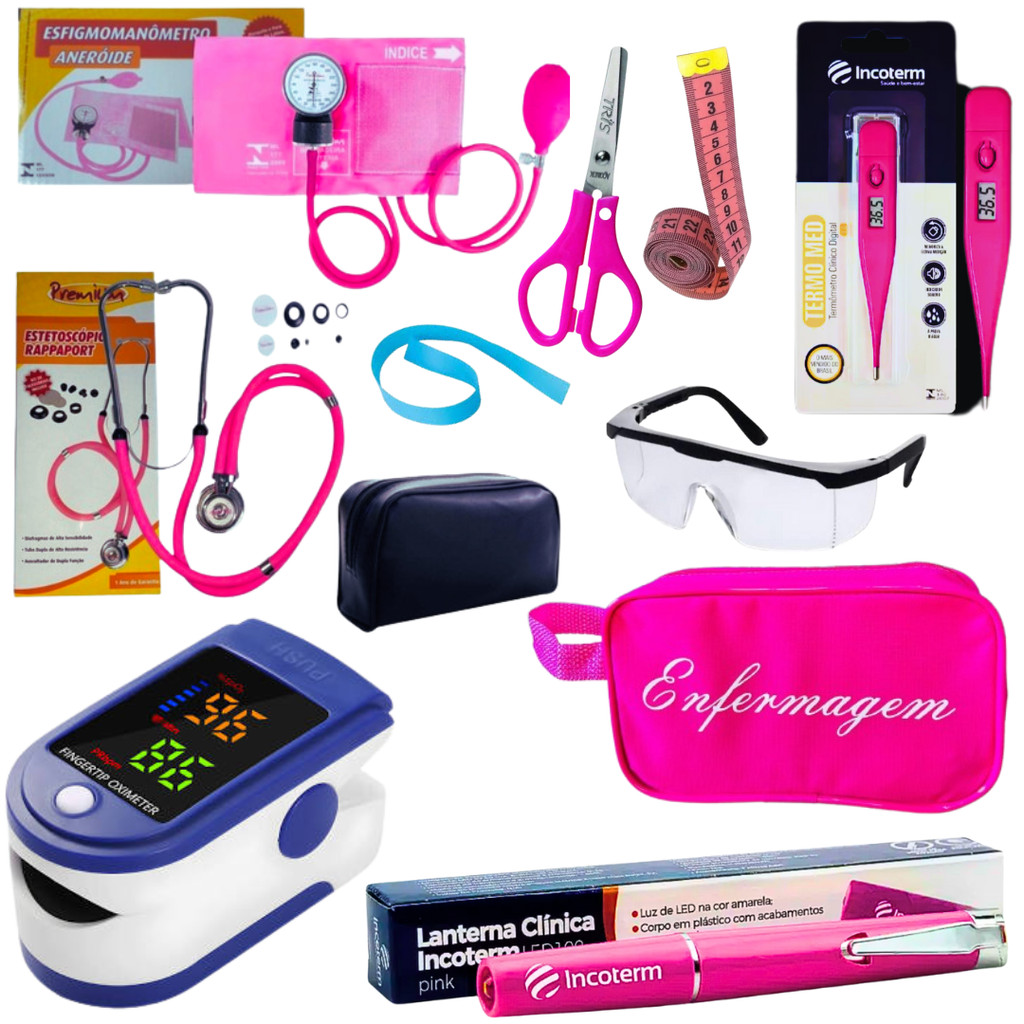Kit Enfermagem Aparelho de Pressão + Estetoscópio Completo + Oxímetro + Lanterna + Nécessaire
