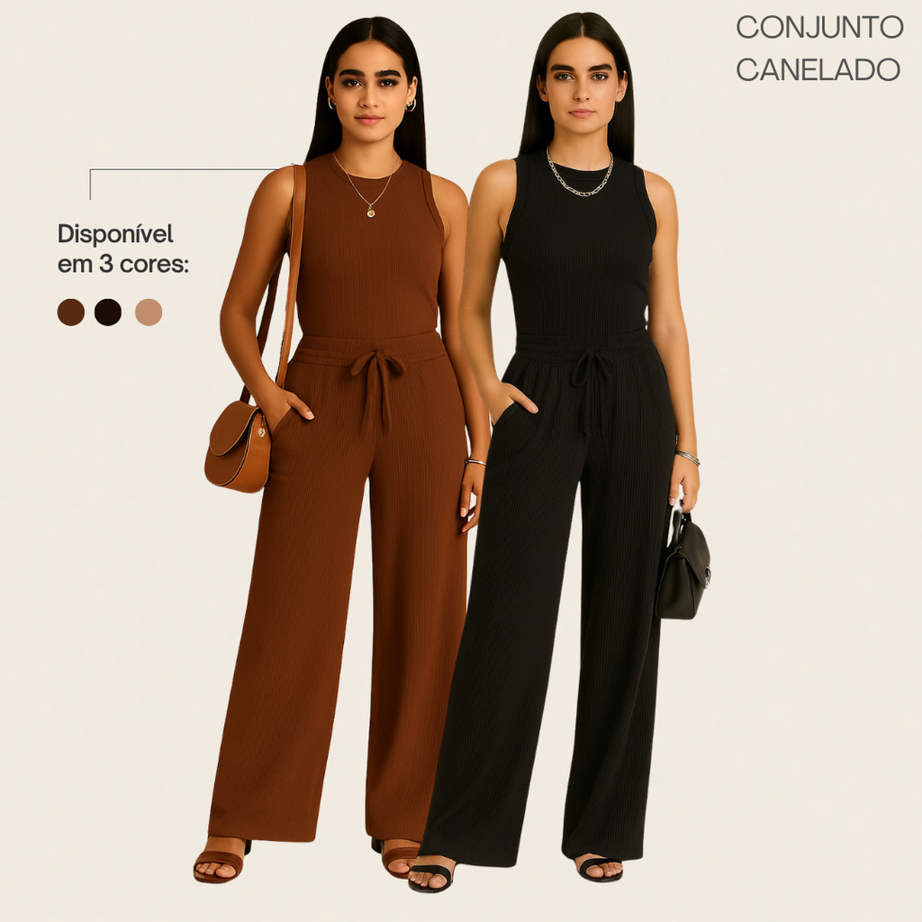 Kit 2 Conjunto Canelado Pantalona Wide Leg Com Bolso Regata Canelada Feminina em Oferta na Shopee