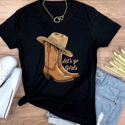 Blusa feminina Camisa Manga Curta estampa botas de cowboy e chapéu Moda Country Camiseta Plus Size