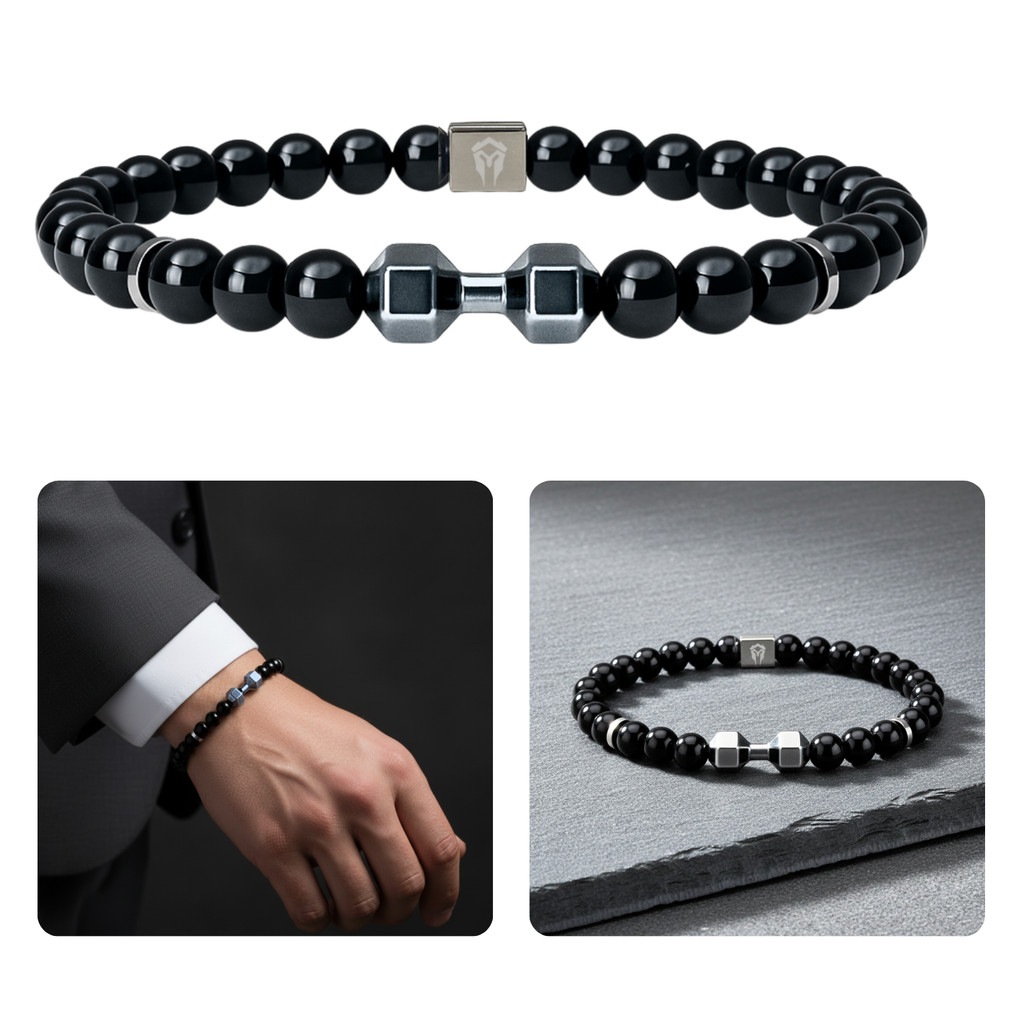 Pulseira Masculina Halter Dumbell Peso de Academia Hematita Onix preto
