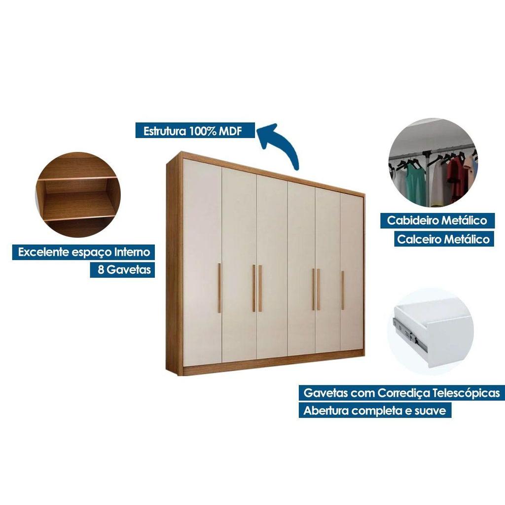 Detalhes do Guarda Roupa Casal 6 Portas e 8 Gavetas Santoro/Bolonha Cumaru - Novo Horizonte