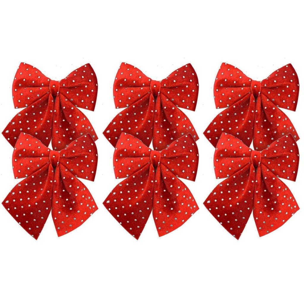 Kit 6 Laços Veludo Vinho Decorados Bolinhas Prata Natal 12x13cm - Magizi