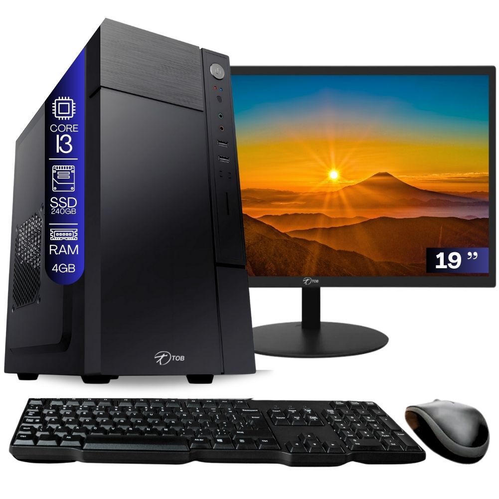 Computador Completo TOB Intel Core i3 SSD 240GB Memória 4GB Windows 11 Pro Trial + Teclado e Mouse + Monitor 19" Desktop