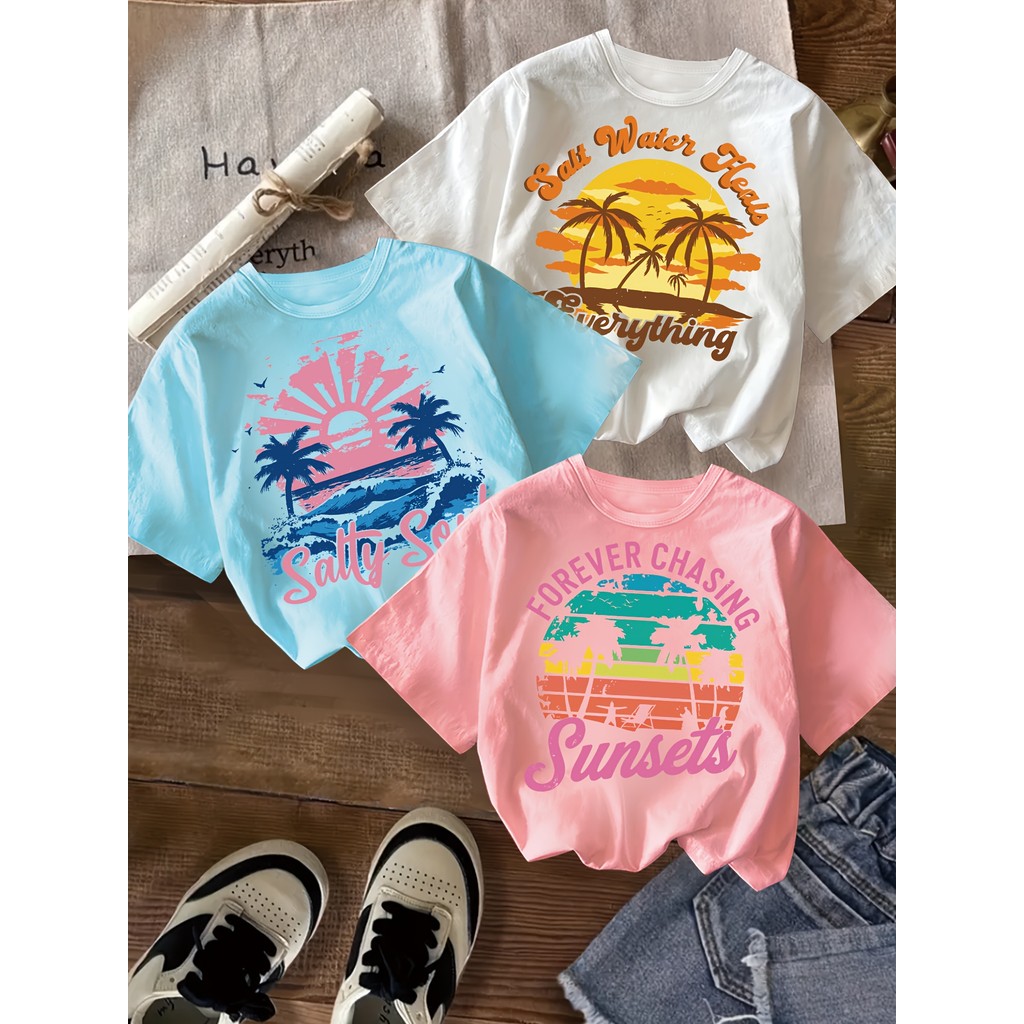 Kit 3 Camiseta Feminina T-shirt Praia – Blusa Estampa Pôr do Sol Verão Confortável Casual