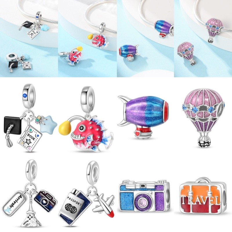 Pulseira pulseira pingente S925 prata esterlina avião bagagem câmera adequada pulseira DIY jóias presente de aniversário