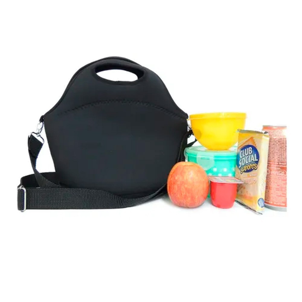 Bolsa Lancheira Térmica Feminina em Neoprene Preto Liso Básica Preta com Alça Tiracolo Unissex