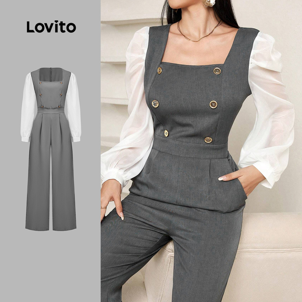 Lovito Elegante Tecido Liso Costura Botão Duplo Falso 2 Em 1 Macacão Cinza Escuro Para Mulheres LBL25109 em Oferta na Shopee