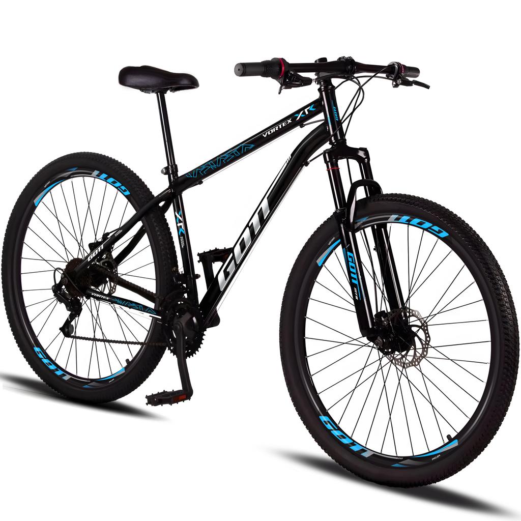 Imagem Bicicleta Aro 29 Aço Carbono Gott Vortex 21v Com Suspensão e Freio a Disco - Preto e Azul