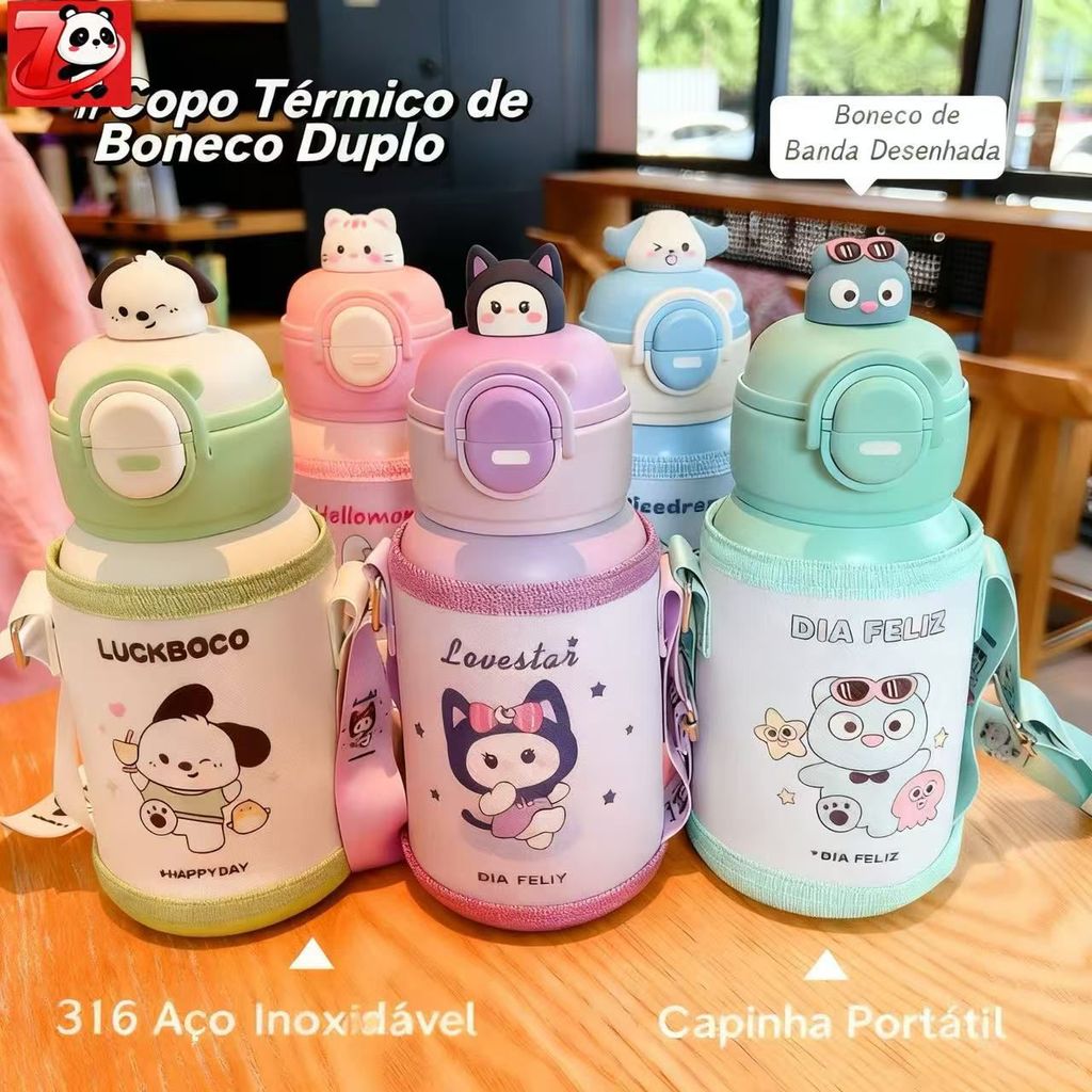 Garrafa Térmica Infantil de 500 ml Aço Inox 304 Com Alça Bolsa De Armazenamento, Canudo e Caneca em Oferta na Shopee
