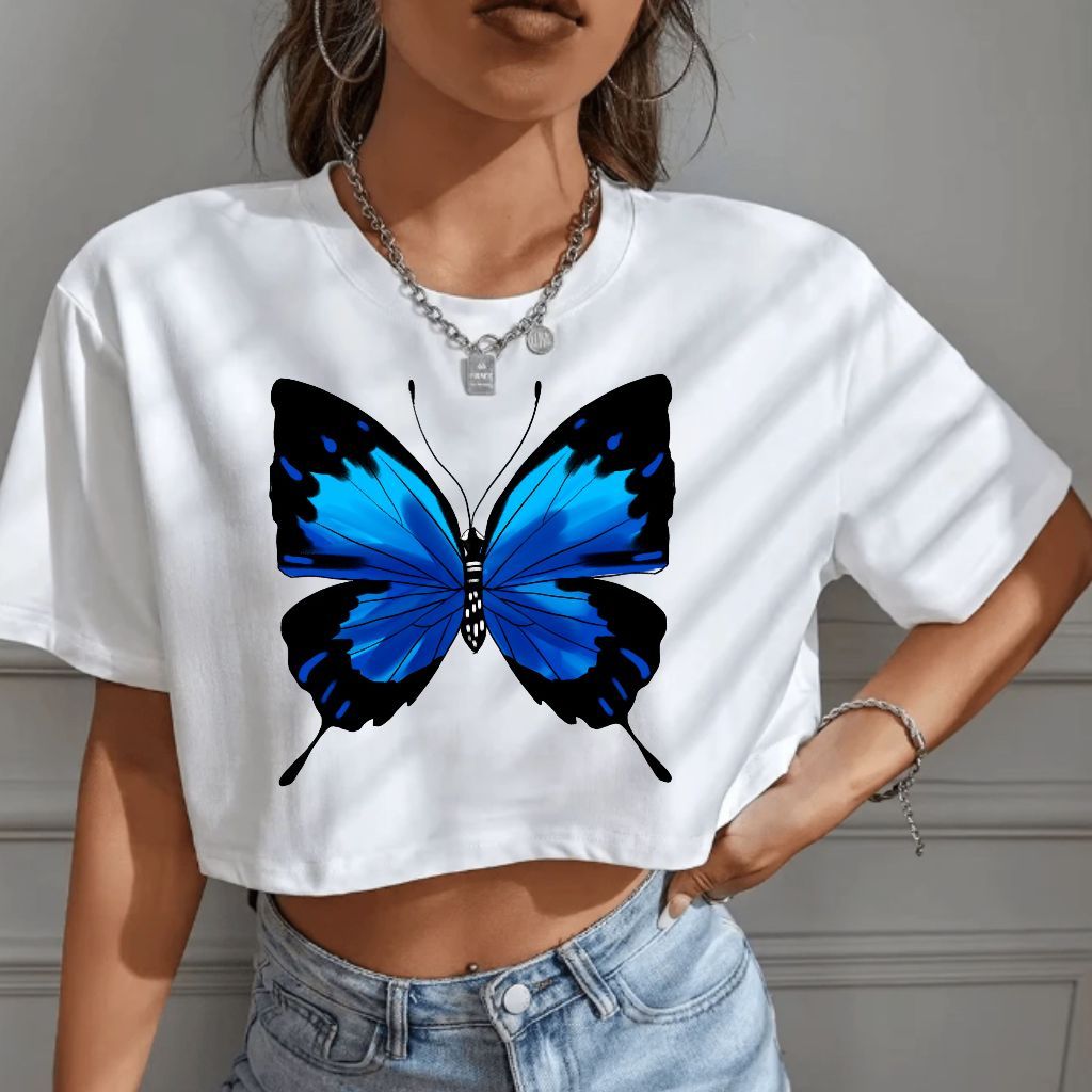 Blusa Feminina Cropped Largo Borboleta Azul floral Streetwear Algodão Vintage