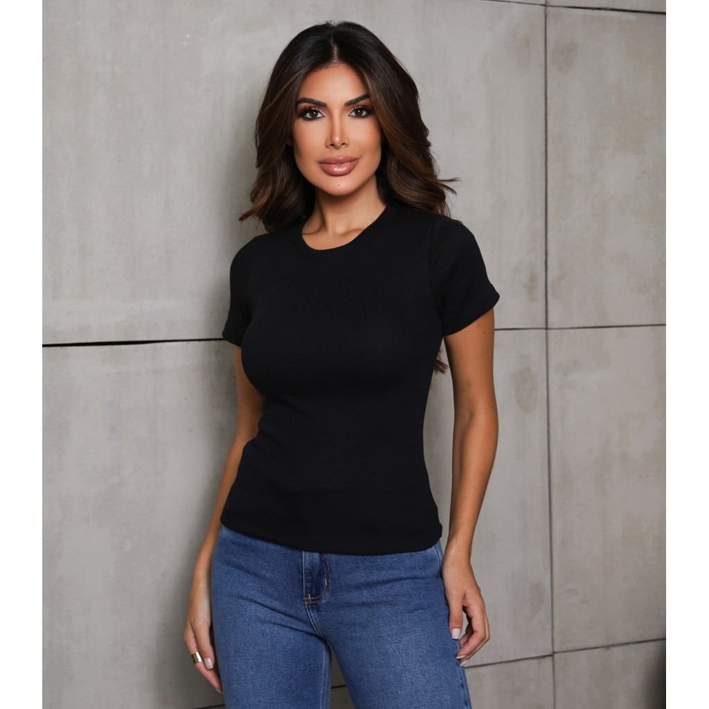 Camiseta Feminina T-Shirt Manga Curta Ribana Canelada Blusinha Casual Minimalista Básica Modinha Zra em Oferta na Shopee