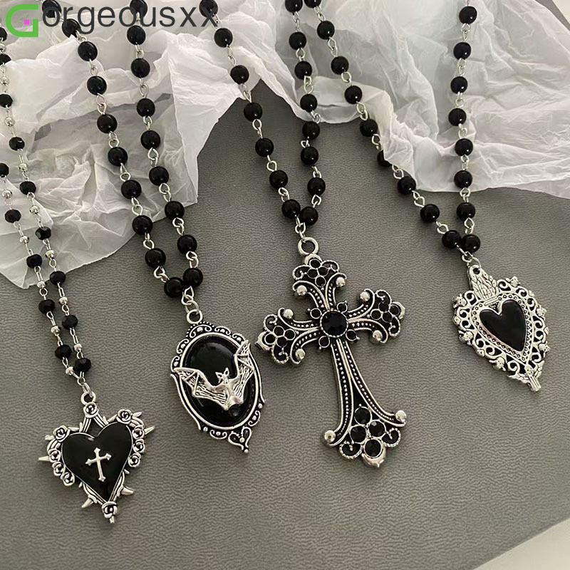 [Gorgeousxx] Y2K Moda Gótica Espinho Amor Coração Morcego Cruz Pingente Contas Corrente Colares Joias