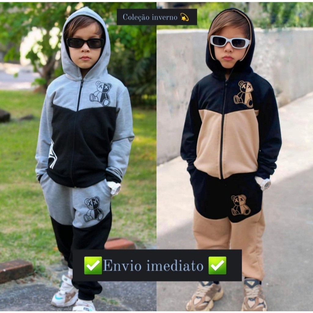 Conjunto Infantil Menino Inverno Estiloso com Zíper, Capuz e Estampa Urso 4 ao14 Anos