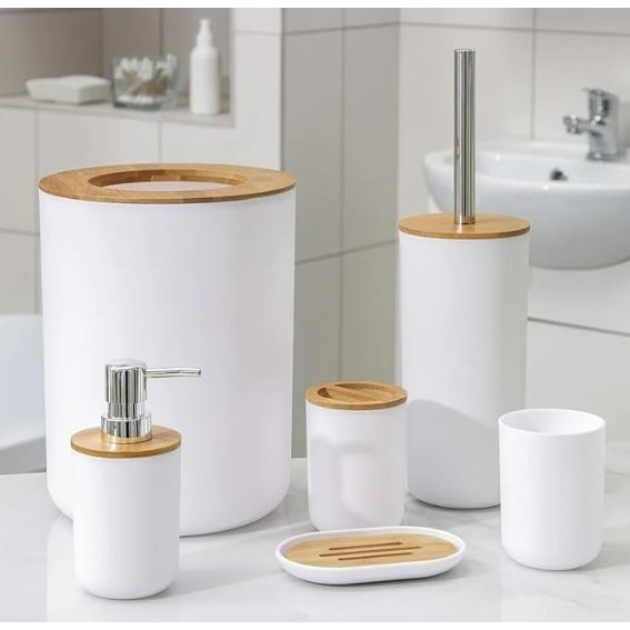 Kit Acessorios Banheiro 6 Pecas Lixeira Escova Sanitaria Saboneteira Porta Escova Dente COR PRETA