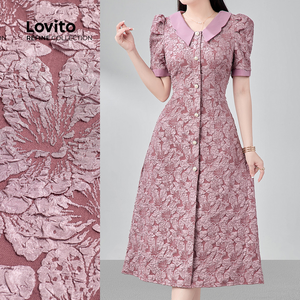 (Lovito Refine) Tecido de Vestido Elegante com Botões Costurados Primavera/verão Cinza e rosa LR23E325 em Oferta na Shopee