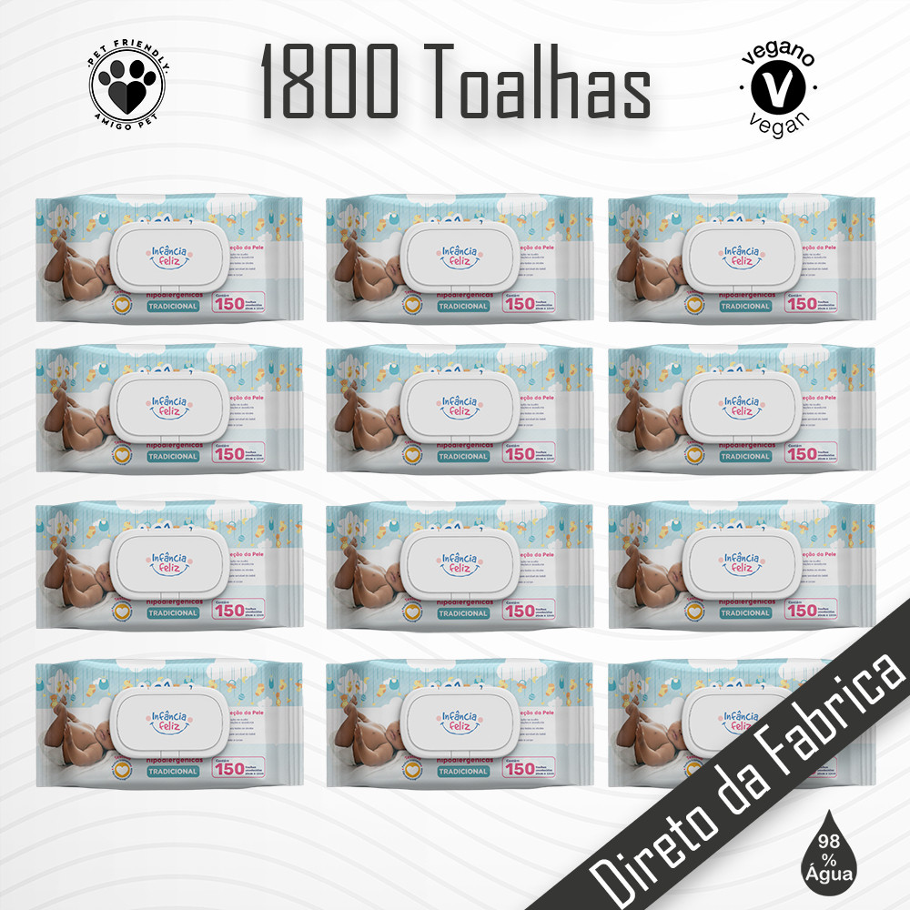 Kit 12 Pacotes Toalhas Umedecidas INFÂNCIA FELIZ 150 Folhas 98% Água Lenço Umedecido
