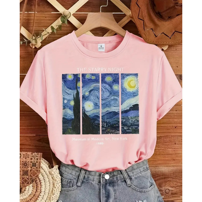 Camiseta Feminina Estampada Obra de Van Gogh Noite Estrelada Camisa Manga Curta Casual Básica SPD PREMIUM em Oferta na Shopee