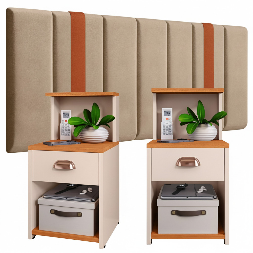 Kit 2 Criados Mudos Mesas de Cabeceira CLÉO + Cabeceira Modular SONHO Suede Courino Casal/Queen/King