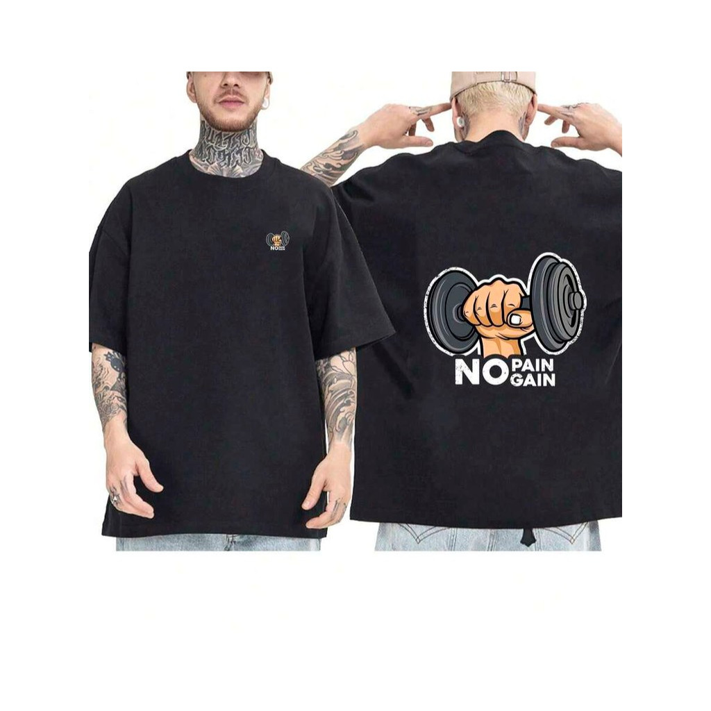 Camiseta OVERSIZED Preta StreetWear Gola em Ribanna Alta Plus Size Modelo: "NO PAIN NO GAIN"