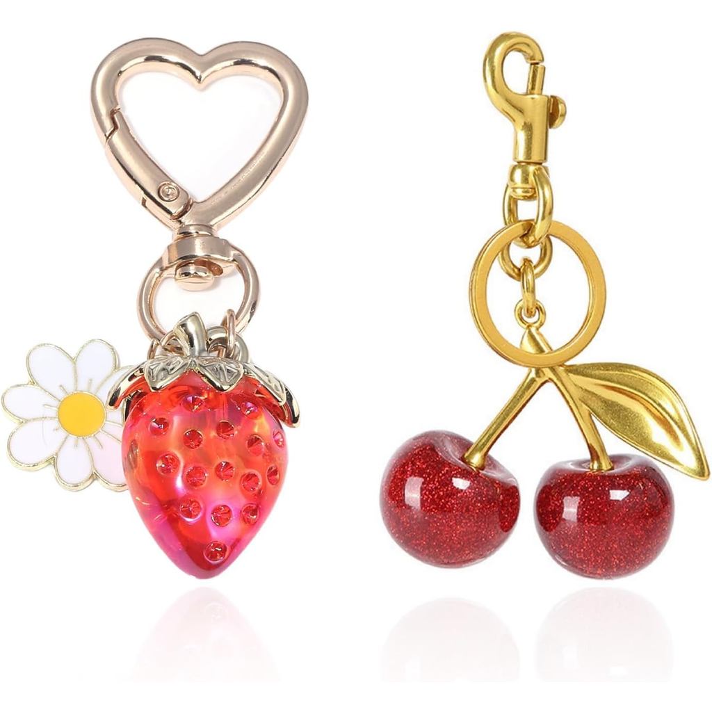 Kawaii Bonito Cereja Morango Chaveiro Conjunto Bolsa Encantos Frutas Carro Acessórios Presentes Para Mulher