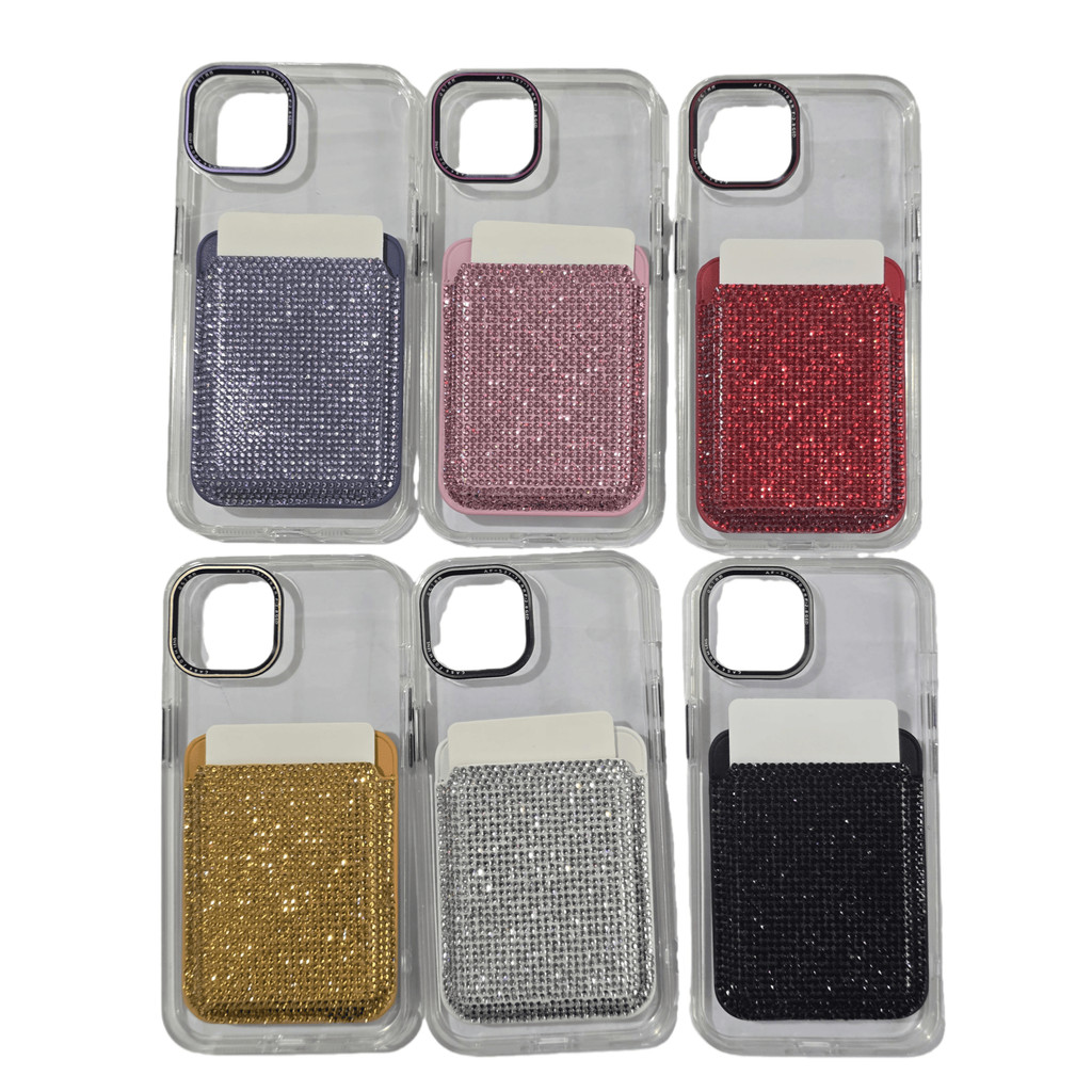 Capa Compatível iPhone 11 12 13 14 15 Pro Max com Porta-Cartão Fixo, Strass, Adesivo Dupla Face – Capa Transparente Luxo