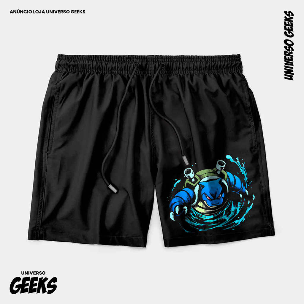 Bermuda Tactel Pokémon Blastoise Inicial Água Short Confortável Com Elastano Ideal Lazer Treino Esportes Praia