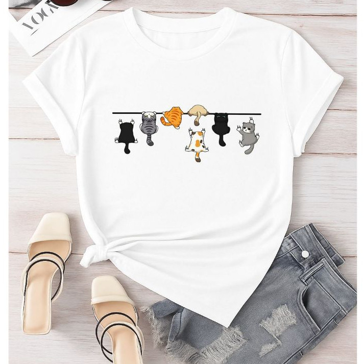 Camiseta Feminina 100%Algodão Treino Gym Academia Fitness Musculação Gatos Fofos Confortavel