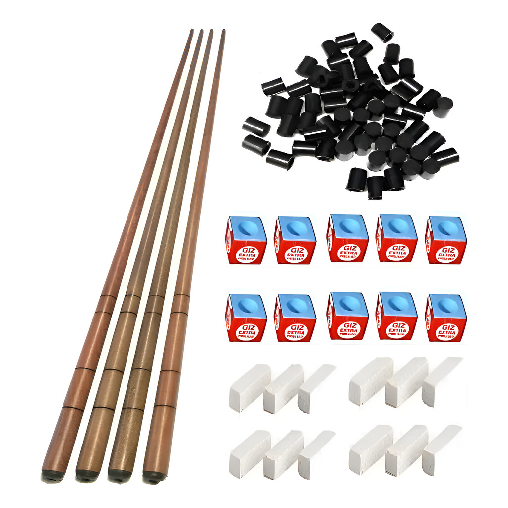 4 Tacos Bar Sinuca Snooker Ipê 1.20m + Kit Giz + 4 Virolas