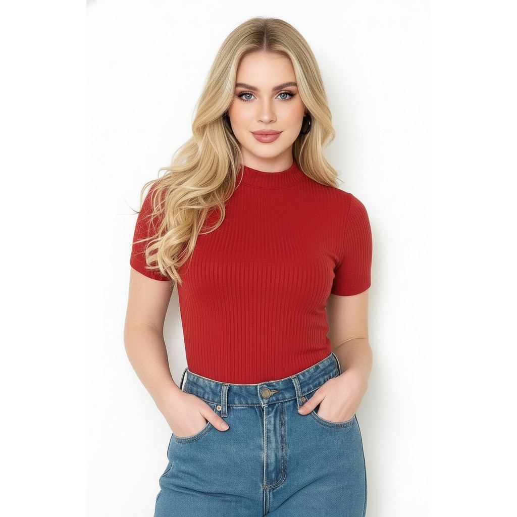 blusa feminina elastano canelada gola alta manga curta top lançamento