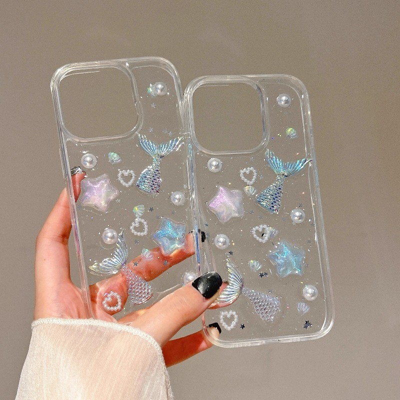 Coreano Ins 3D Dos Desenhos Animados Fishtail Glitter Caso De Telefone Para iPhone 17 16 15 14 13 Pro Max Capa À Prova D