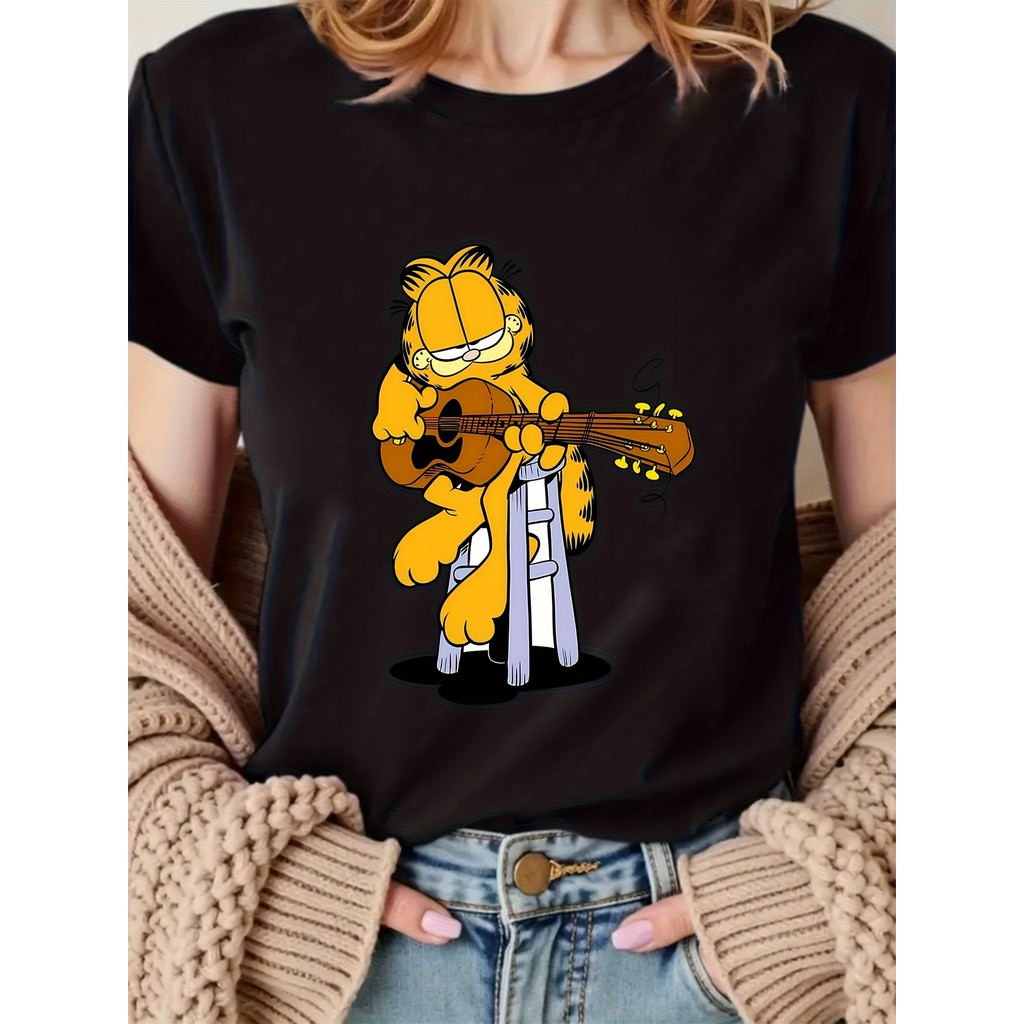 BR Moonlight Camiseta Feminina Garfield Guitarra Violão Estampa Esportiva Confortavel Estilosa Divertida Casual