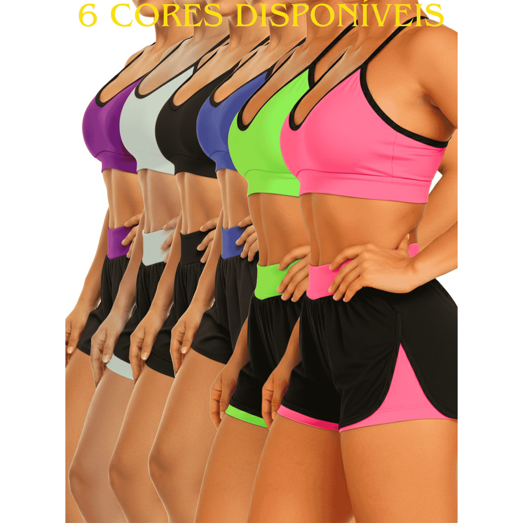 Conjunto Fitness Feminino 2 Peças | Top e Short Duplo 2 em 1 | Roupa de Academia Corrida Treino.