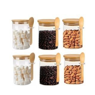 Kit 6 Potes De Vidro Redondo Tampa Bambu Hermético Colher 200ml pote hermetico vidro colhe...