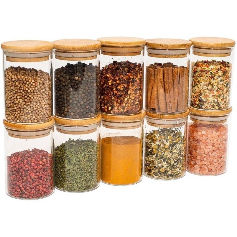 Kit 10 Potes de Vidro Hermético com Tampa de Bambu 300ml para Temperos e Alimentos em Oferta na Shopee
