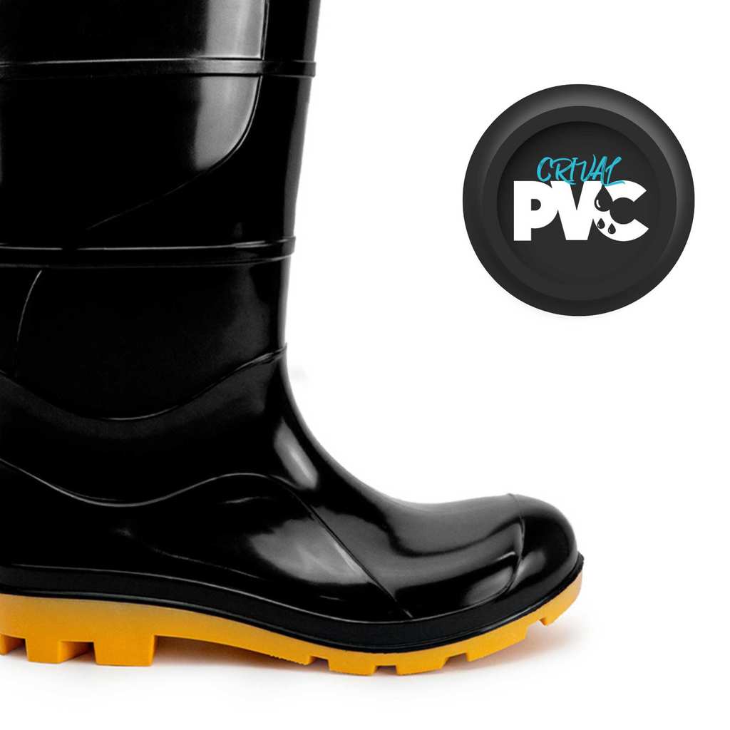 Bota Borracha Crival PVC Preta Solado Amarelo
