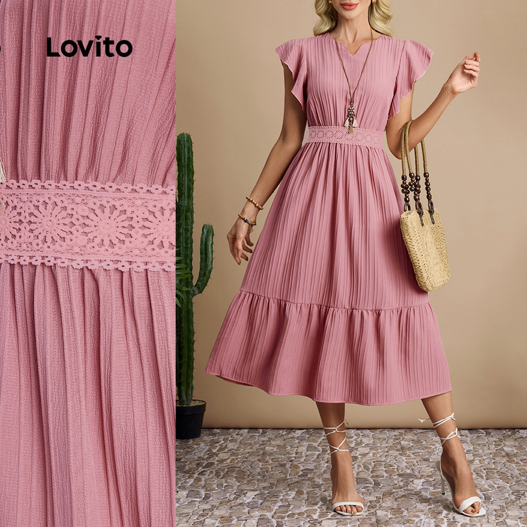 Lovito Vestido Elegante de Renda com Babados Primavera/verão Vestido Rosa para Mulheres LBL30102 em Oferta na Shopee