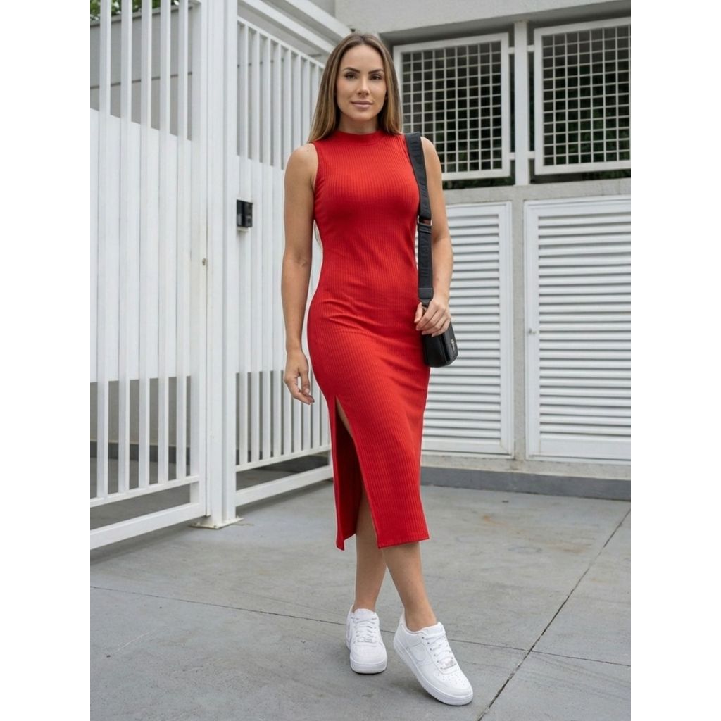 Vestido Tubinho Vermelho Canelado Social Midi Colado Casual Básico em Oferta na Shopee
