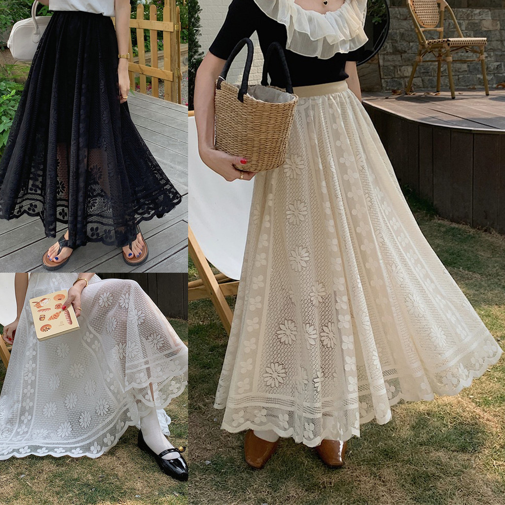 Boêmio Floral renda gaze saia de comprimento médio feminino estiramento cintura alta saia evasê saia longa estilo paláci