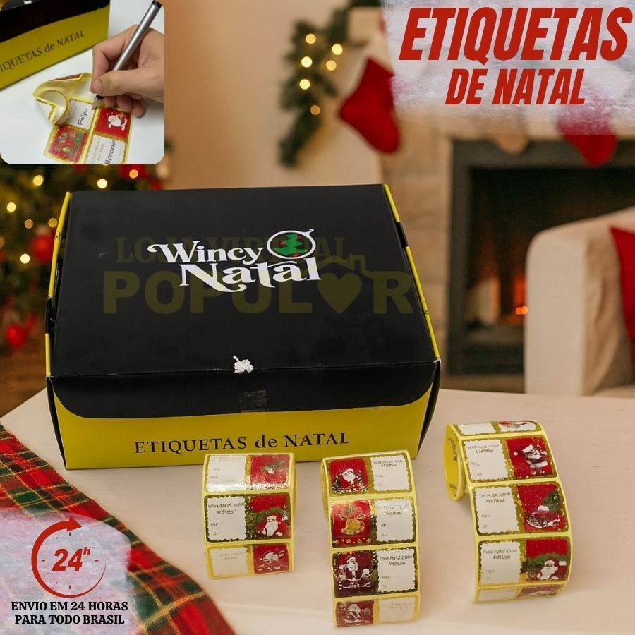 ETIQUETAS DE NATAL WINCY CAIXA C/60 UNIDADES PRESENTE FELIZ NATAL
