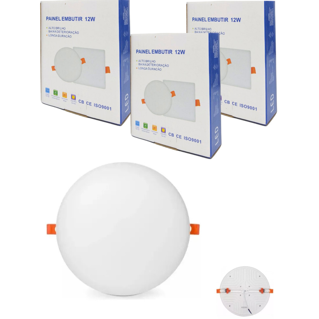 Kit 3 Painel Plafon Led Borda Infinita 12w Embutir Redondo Bivolt Branco Frio 6500k 10cm