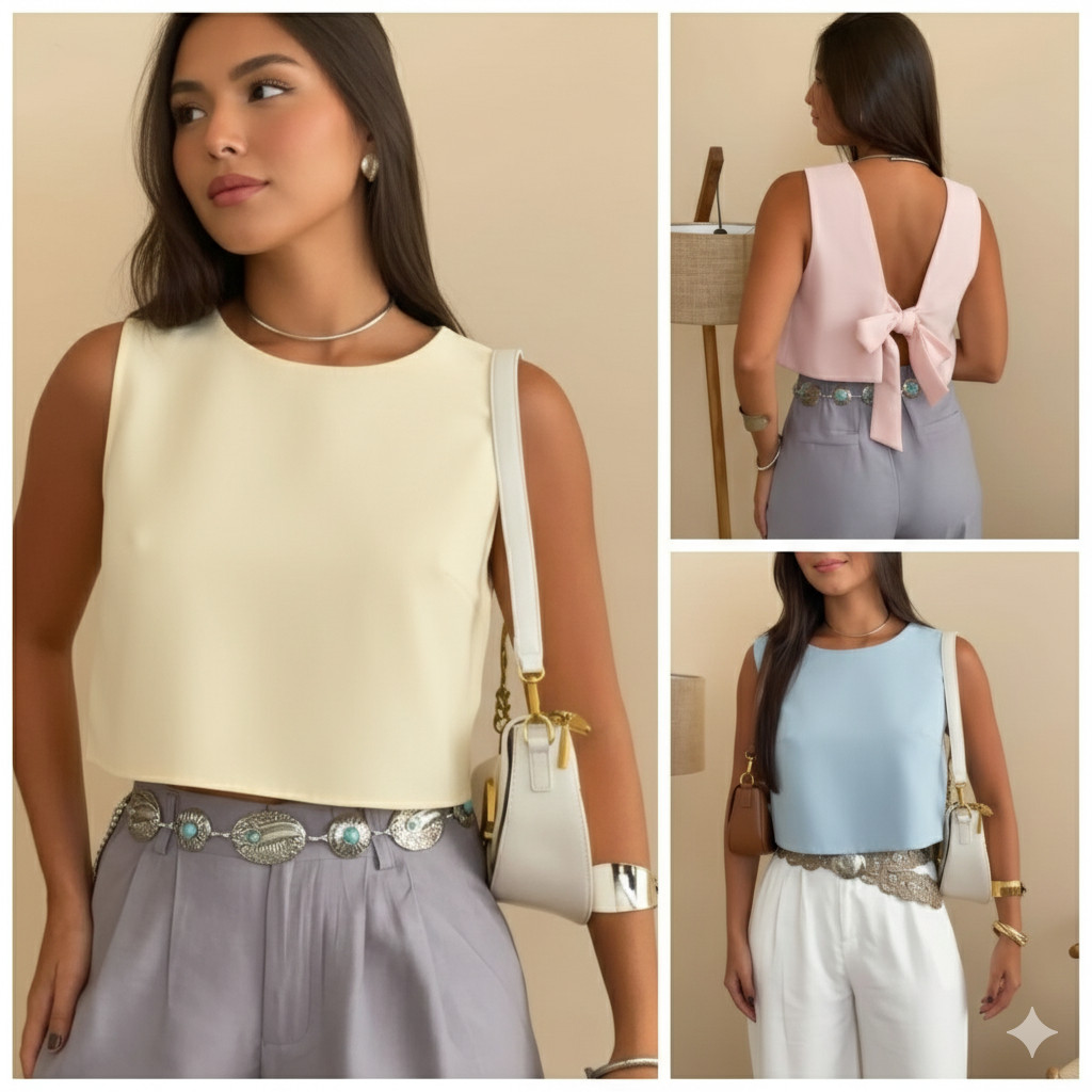 BLUSA ALFAIATARIA FEMININA COLETE CROPPED ELEGANTE, ABERTURA NAS COSTAS, AMARRAÇAO DE LAÇO MOD VERÃO