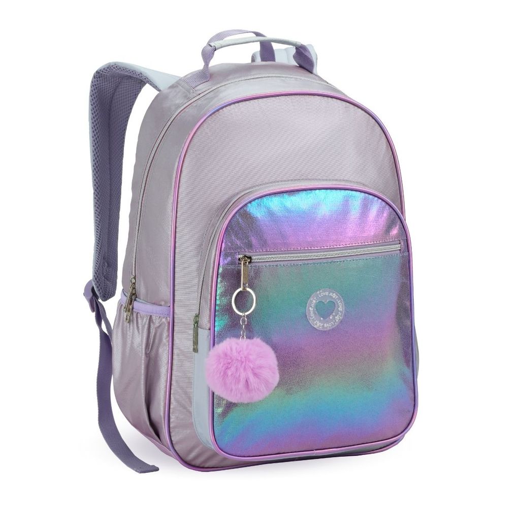 Mochila 3 Divisórias Escolar Lilás Metalizada Resistente 18" Juvenil Alça Reforçada Cursinho Passeio